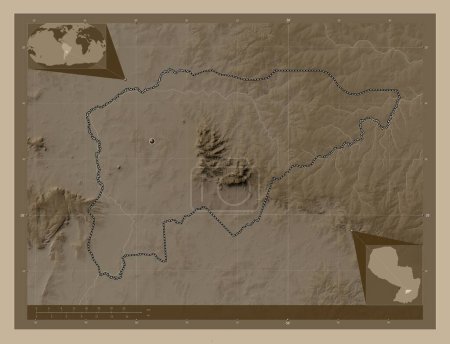 Photo for Guaira, department of Paraguay. Elevation map colored in sepia tones with lakes and rivers. Corner auxiliary location maps - Royalty Free Image