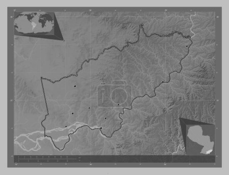 Téléchargez les photos : Itapua, department of Paraguay. Grayscale elevation map with lakes and rivers. Locations of major cities of the region. Corner auxiliary location maps - en image libre de droit