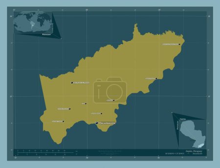 Téléchargez les photos : Itapua, department of Paraguay. Solid color shape. Locations and names of major cities of the region. Corner auxiliary location maps - en image libre de droit