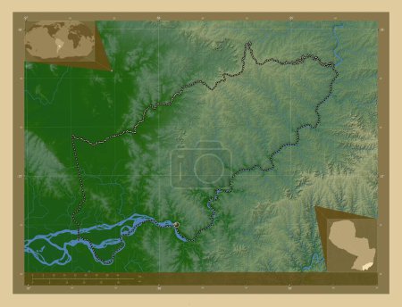 Téléchargez les photos : Itapua, department of Paraguay. Colored elevation map with lakes and rivers. Corner auxiliary location maps - en image libre de droit