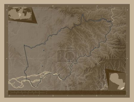 Téléchargez les photos : Itapua, department of Paraguay. Elevation map colored in sepia tones with lakes and rivers. Locations of major cities of the region. Corner auxiliary location maps - en image libre de droit