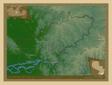 Téléchargez les photos : Itapua, department of Paraguay. Colored elevation map with lakes and rivers. Locations and names of major cities of the region. Corner auxiliary location maps - en image libre de droit