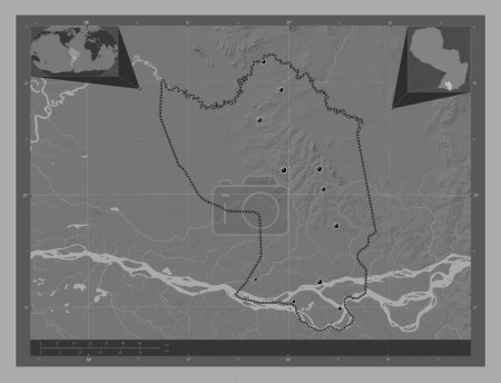 Téléchargez les photos : Misiones, department of Paraguay. Bilevel elevation map with lakes and rivers. Locations of major cities of the region. Corner auxiliary location maps - en image libre de droit