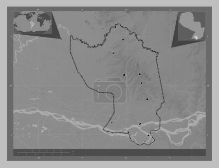 Téléchargez les photos : Misiones, department of Paraguay. Grayscale elevation map with lakes and rivers. Locations of major cities of the region. Corner auxiliary location maps - en image libre de droit