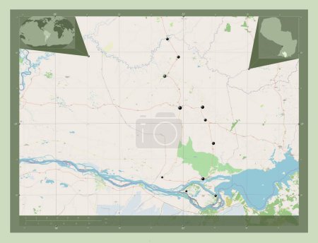 Téléchargez les photos : Misiones, department of Paraguay. Open Street Map. Locations of major cities of the region. Corner auxiliary location maps - en image libre de droit