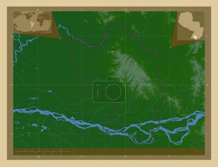 Téléchargez les photos : Misiones, department of Paraguay. Colored elevation map with lakes and rivers. Corner auxiliary location maps - en image libre de droit