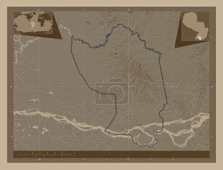 Téléchargez les photos : Misiones, department of Paraguay. Elevation map colored in sepia tones with lakes and rivers. Corner auxiliary location maps - en image libre de droit