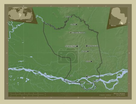 Foto de Misiones, department of Paraguay. Elevation map colored in wiki style with lakes and rivers. Locations and names of major cities of the region. Corner auxiliary location maps - Imagen libre de derechos