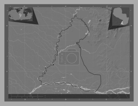 Foto de Neembucu, department of Paraguay. Bilevel elevation map with lakes and rivers. Corner auxiliary location maps - Imagen libre de derechos