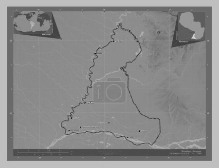 Foto de Neembucu, department of Paraguay. Grayscale elevation map with lakes and rivers. Locations and names of major cities of the region. Corner auxiliary location maps - Imagen libre de derechos