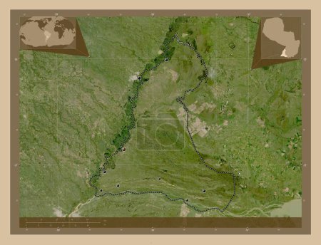 Foto de Neembucu, department of Paraguay. Low resolution satellite map. Locations of major cities of the region. Corner auxiliary location maps - Imagen libre de derechos