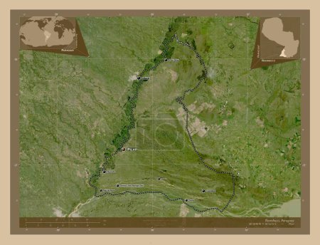 Foto de Neembucu, department of Paraguay. Low resolution satellite map. Locations and names of major cities of the region. Corner auxiliary location maps - Imagen libre de derechos