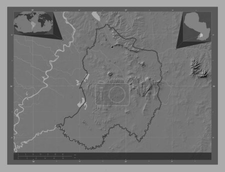 Foto de Paraguari, department of Paraguay. Bilevel elevation map with lakes and rivers. Corner auxiliary location maps - Imagen libre de derechos