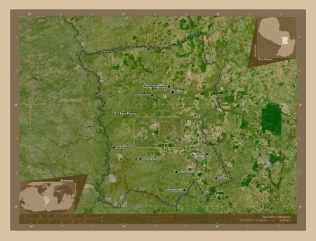 Foto de San Pedro, department of Paraguay. Low resolution satellite map. Locations and names of major cities of the region. Corner auxiliary location maps - Imagen libre de derechos