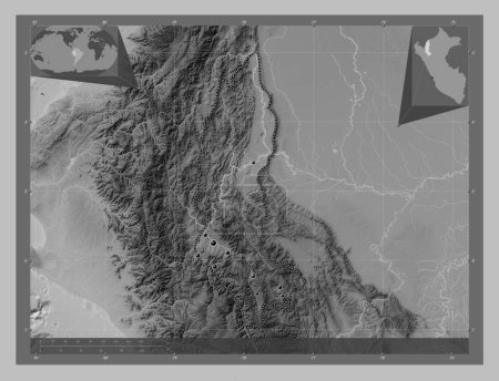 Photo for Amazonas, region of Peru. Grayscale elevation map with lakes and rivers. Locations of major cities of the region. Corner auxiliary location maps - Royalty Free Image