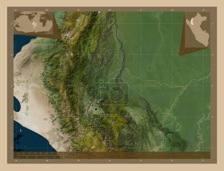 Foto de Amazonas, region of Peru. Low resolution satellite map. Locations of major cities of the region. Corner auxiliary location maps - Imagen libre de derechos