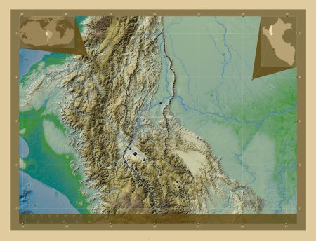 Photo for Amazonas, region of Peru. Colored elevation map with lakes and rivers. Locations of major cities of the region. Corner auxiliary location maps - Royalty Free Image