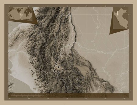 Foto de Amazonas, region of Peru. Elevation map colored in sepia tones with lakes and rivers. Locations of major cities of the region. Corner auxiliary location maps - Imagen libre de derechos