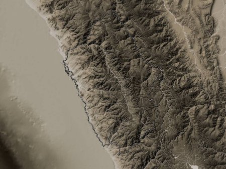 Foto de Ancash, region of Peru. Elevation map colored in sepia tones with lakes and rivers - Imagen libre de derechos