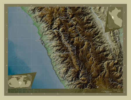 Photo for Ancash, region of Peru. Elevation map colored in wiki style with lakes and rivers. Locations and names of major cities of the region. Corner auxiliary location maps - Royalty Free Image