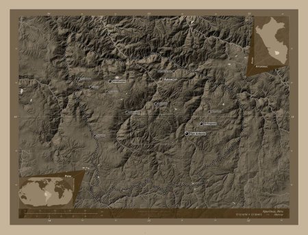 Foto de Apurimac, region of Peru. Elevation map colored in sepia tones with lakes and rivers. Locations and names of major cities of the region. Corner auxiliary location maps - Imagen libre de derechos