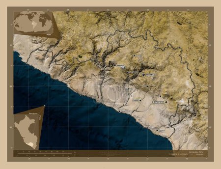 Foto de Arequipa, region of Peru. Low resolution satellite map. Locations and names of major cities of the region. Corner auxiliary location maps - Imagen libre de derechos