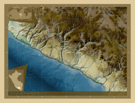 Photo for Arequipa, region of Peru. Colored elevation map with lakes and rivers. Corner auxiliary location maps - Royalty Free Image