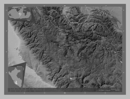Photo for Ayacucho, region of Peru. Grayscale elevation map with lakes and rivers. Locations and names of major cities of the region. Corner auxiliary location maps - Royalty Free Image