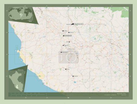 Téléchargez les photos : Ayacucho, region of Peru. Open Street Map. Locations and names of major cities of the region. Corner auxiliary location maps - en image libre de droit
