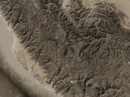 Photo for Ayacucho, region of Peru. Elevation map colored in sepia tones with lakes and rivers - Royalty Free Image