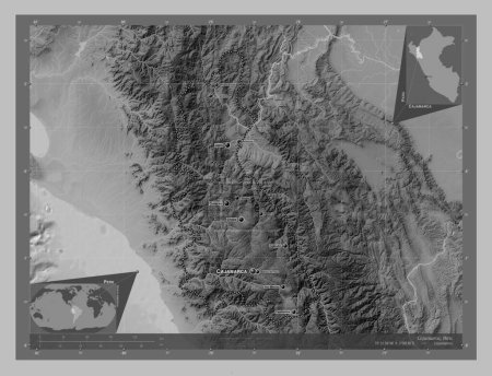 Photo for Cajamarca, region of Peru. Grayscale elevation map with lakes and rivers. Locations and names of major cities of the region. Corner auxiliary location maps - Royalty Free Image