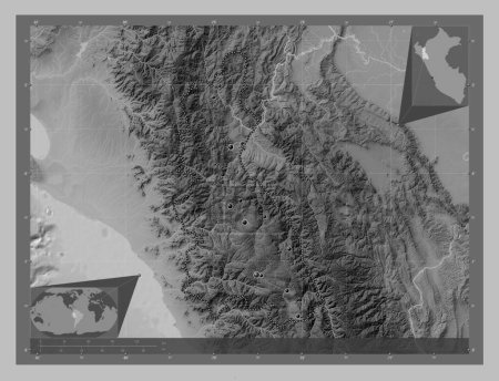 Foto de Cajamarca, region of Peru. Grayscale elevation map with lakes and rivers. Locations of major cities of the region. Corner auxiliary location maps - Imagen libre de derechos