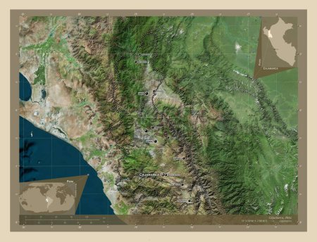 Foto de Cajamarca, region of Peru. High resolution satellite map. Locations and names of major cities of the region. Corner auxiliary location maps - Imagen libre de derechos