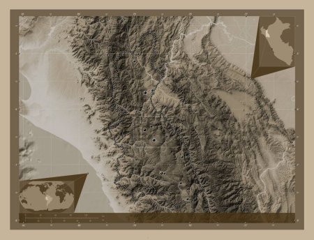 Photo for Cajamarca, region of Peru. Elevation map colored in sepia tones with lakes and rivers. Locations of major cities of the region. Corner auxiliary location maps - Royalty Free Image