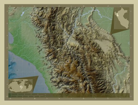 Photo for Cajamarca, region of Peru. Elevation map colored in wiki style with lakes and rivers. Locations of major cities of the region. Corner auxiliary location maps - Royalty Free Image