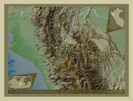 Photo for Cajamarca, region of Peru. Elevation map colored in wiki style with lakes and rivers. Locations and names of major cities of the region. Corner auxiliary location maps - Royalty Free Image