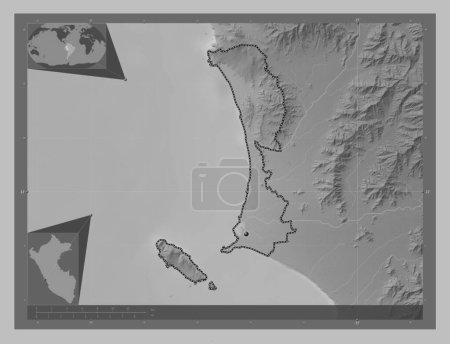 Photo for Callao, province of Peru. Grayscale elevation map with lakes and rivers. Corner auxiliary location maps - Royalty Free Image