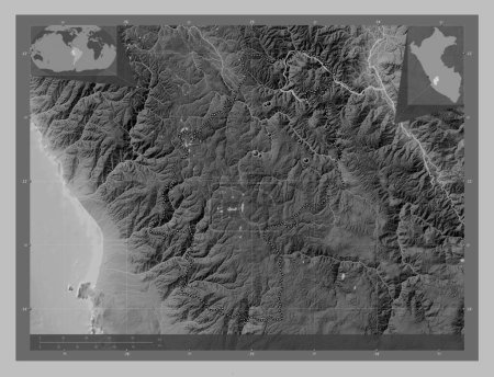 Photo for Huancavelica, region of Peru. Grayscale elevation map with lakes and rivers. Locations of major cities of the region. Corner auxiliary location maps - Royalty Free Image