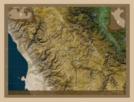 Téléchargez les photos : Huancavelica, region of Peru. Low resolution satellite map. Locations and names of major cities of the region. Corner auxiliary location maps - en image libre de droit