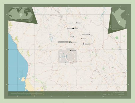 Téléchargez les photos : Huancavelica, region of Peru. Open Street Map. Locations and names of major cities of the region. Corner auxiliary location maps - en image libre de droit