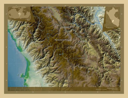 Photo for Huancavelica, region of Peru. Colored elevation map with lakes and rivers. Locations and names of major cities of the region. Corner auxiliary location maps - Royalty Free Image