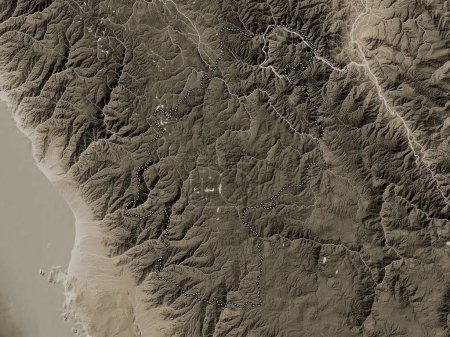 Téléchargez les photos : Huancavelica, region of Peru. Elevation map colored in sepia tones with lakes and rivers - en image libre de droit