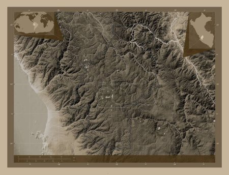 Photo for Huancavelica, region of Peru. Elevation map colored in sepia tones with lakes and rivers. Corner auxiliary location maps - Royalty Free Image