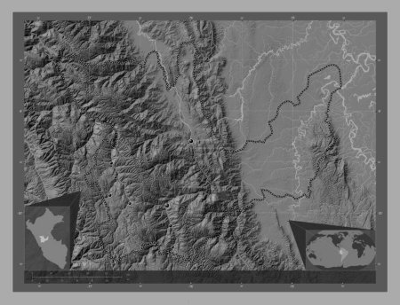 Téléchargez les photos : Huanuco, region of Peru. Bilevel elevation map with lakes and rivers. Locations of major cities of the region. Corner auxiliary location maps - en image libre de droit