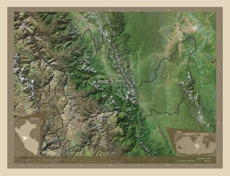 Foto de Huanuco, region of Peru. High resolution satellite map. Locations and names of major cities of the region. Corner auxiliary location maps - Imagen libre de derechos