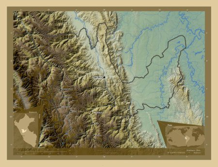 Foto de Huanuco, region of Peru. Colored elevation map with lakes and rivers. Locations and names of major cities of the region. Corner auxiliary location maps - Imagen libre de derechos