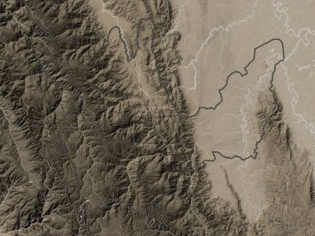 Foto de Huanuco, region of Peru. Elevation map colored in sepia tones with lakes and rivers - Imagen libre de derechos