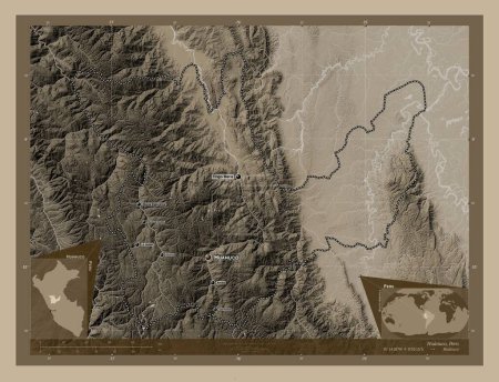 Téléchargez les photos : Huanuco, region of Peru. Elevation map colored in sepia tones with lakes and rivers. Locations and names of major cities of the region. Corner auxiliary location maps - en image libre de droit