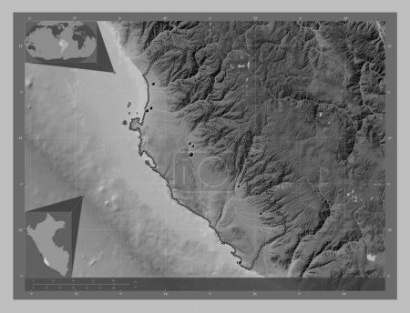 Photo for Ica, region of Peru. Grayscale elevation map with lakes and rivers. Locations of major cities of the region. Corner auxiliary location maps - Royalty Free Image