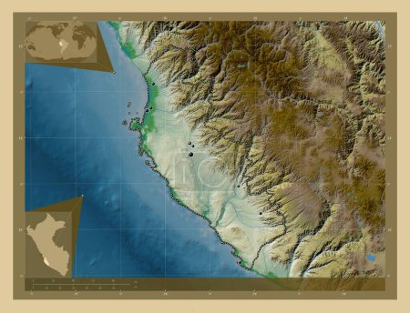 Photo for Ica, region of Peru. Colored elevation map with lakes and rivers. Locations of major cities of the region. Corner auxiliary location maps - Royalty Free Image
